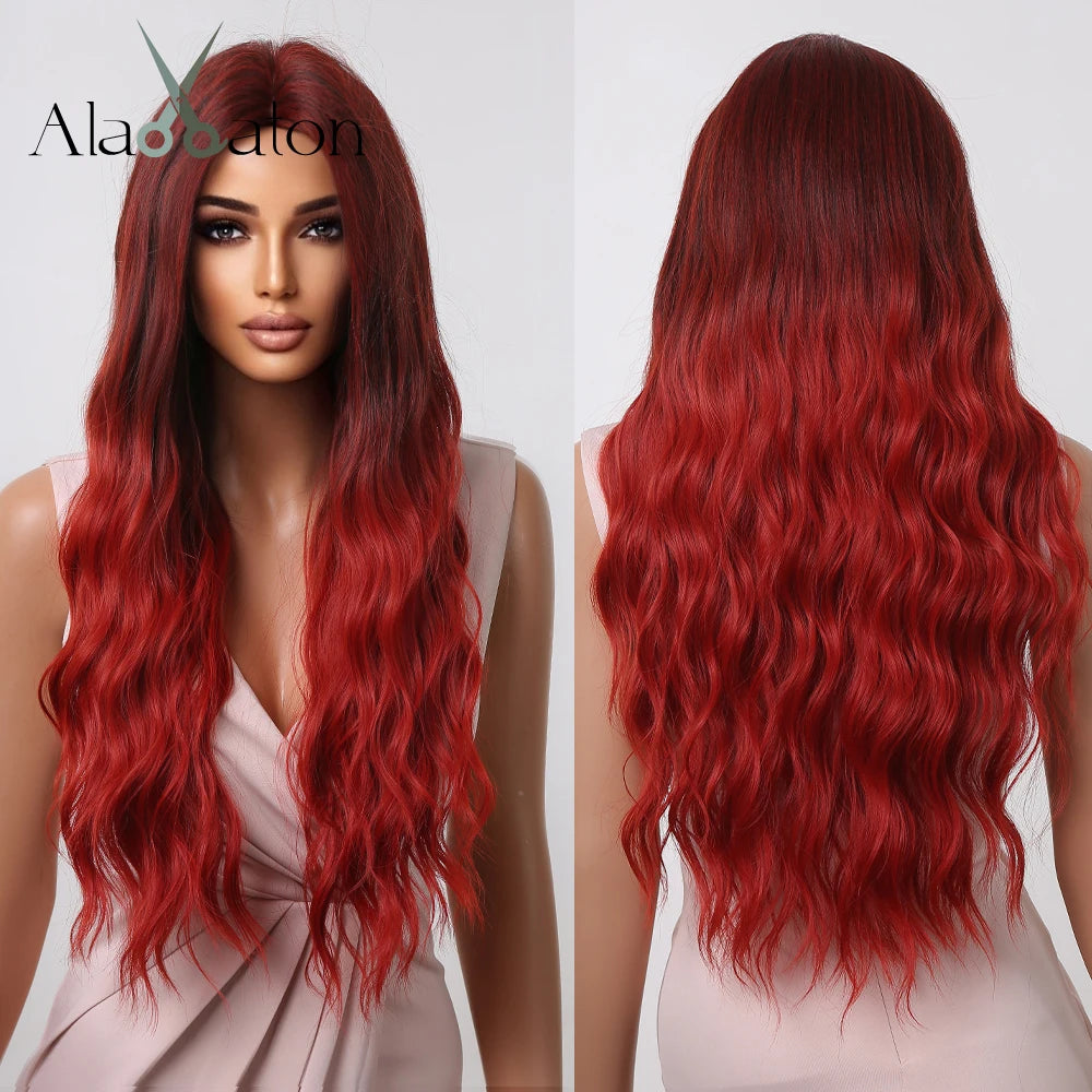 ALAN EATON Long Wavy Synthetic Wigs Ombre Black Pink Wigs for Women Cosplay Natural Middle Part Hair Wig High Temperature Fiber