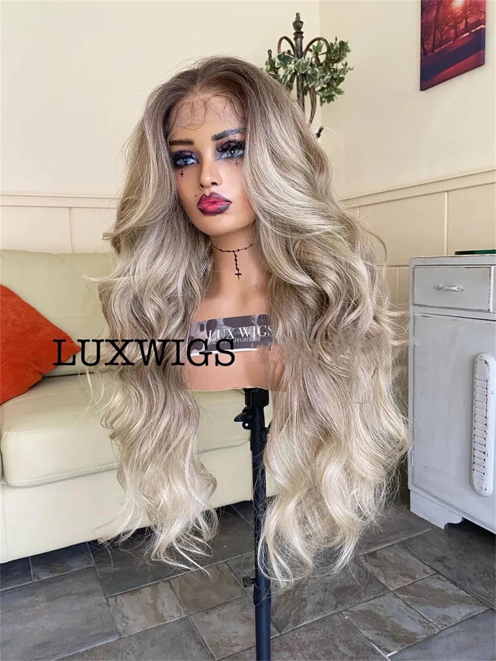 Long Blonde Wig Thick Wavy Blonde Lace Front Wig with Light Brown Roots Balayage Synthetic Fibre Luxury Women Wigs Daily Use