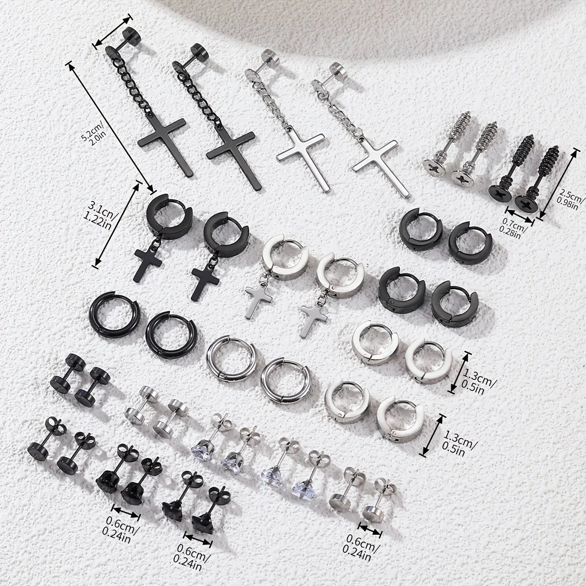 Simple Stainless Steel Zircon Stud Earrings For Men, Cross Pendant Hoop Earrings For Daily Wear