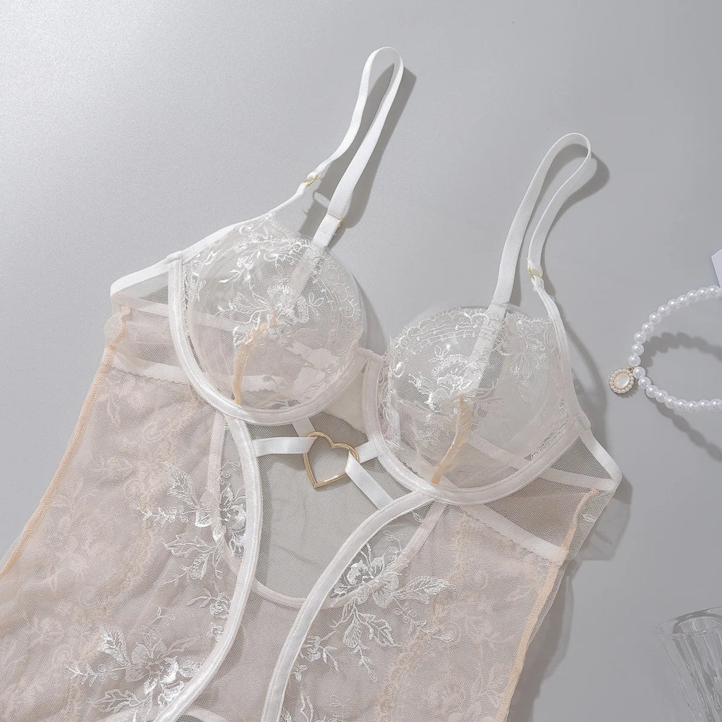 Embroidered Floral Lace Bodysuit Lingerie Set – Sexy Bra & Brief Underwear