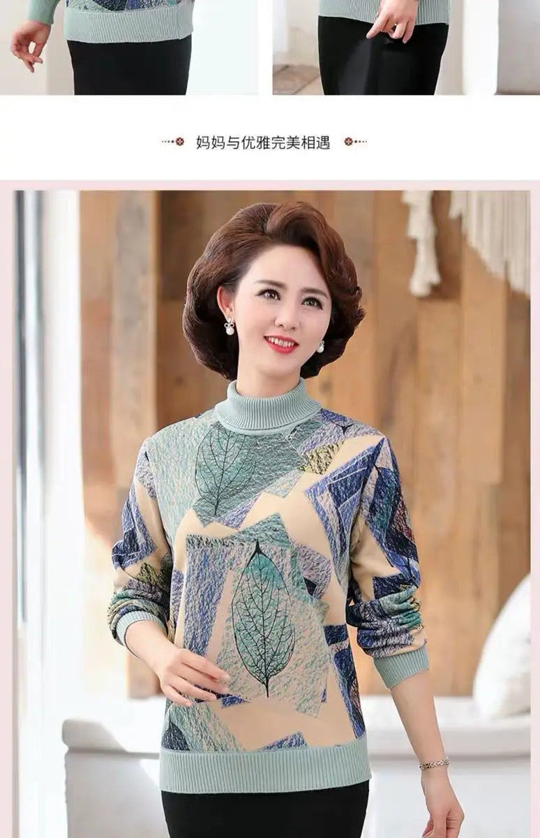 Women's Clothing 2022 Casual Plant Printed T-shirt Autumn Winter Fleece Warm Thick Fashion Knitted Spliced Turtleneck Pullovers