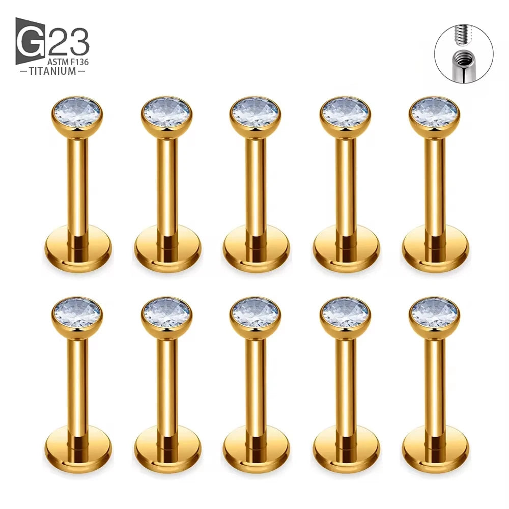 10Pc/50Pc G23 Ttianium Labret Ear Lip Stud Jewelry Square CZ Stone Cartilage Tragus Earring Tongue studs Threaded Body Jewelry