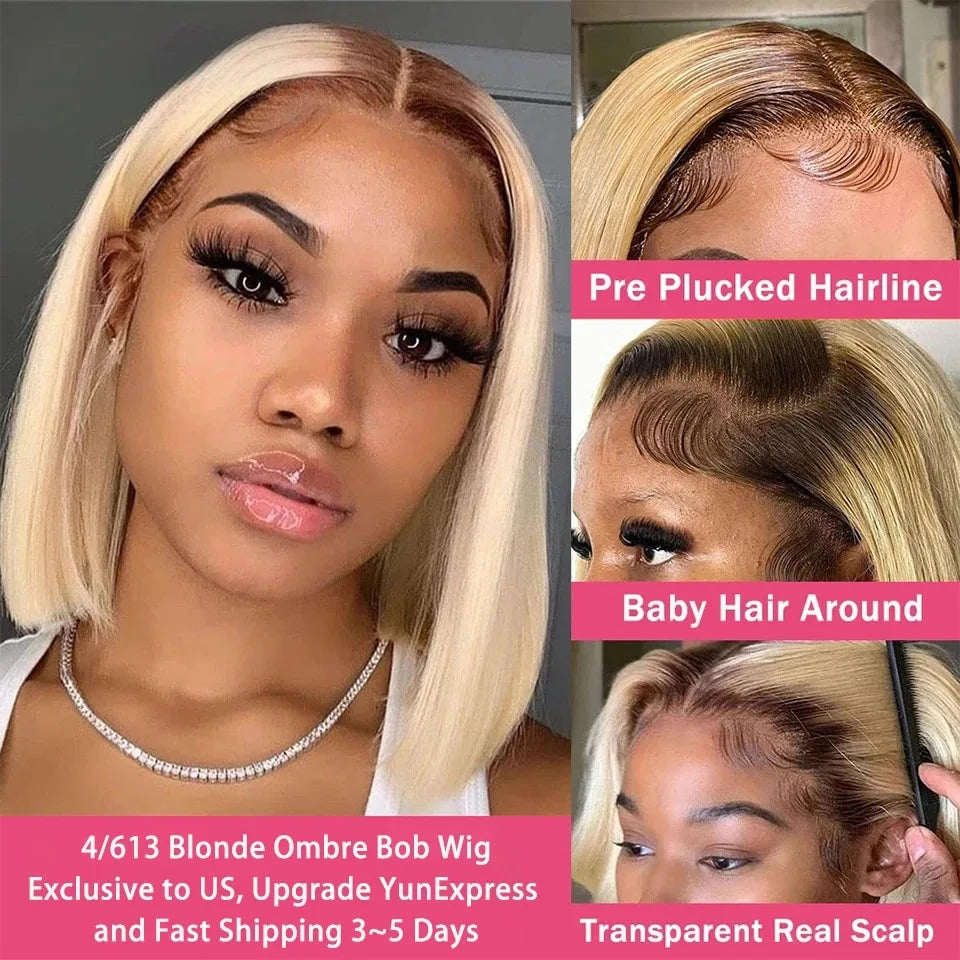 13x4 HD Short Ombre Blonde Wig Straight Bob Lace Front Wig Pre Plucked Synthetic Short Lace Frontal Wig Glueless Daily Cosplay