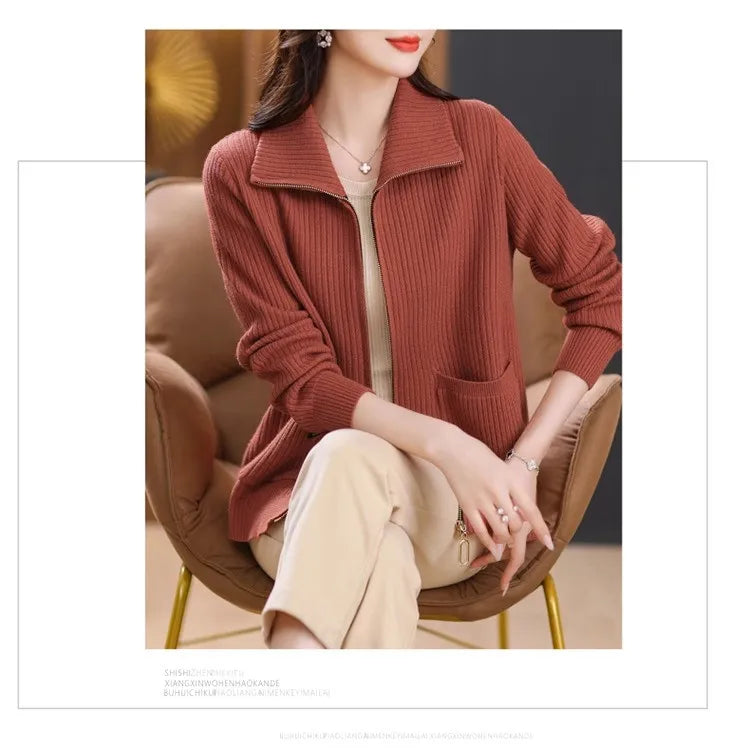 Knitted Cardigan Jacket Women Sweater New Autumn Winter Lapel Zipper Sweater Jacket Loose Solid Outerwear Female Sweatshirt Tops