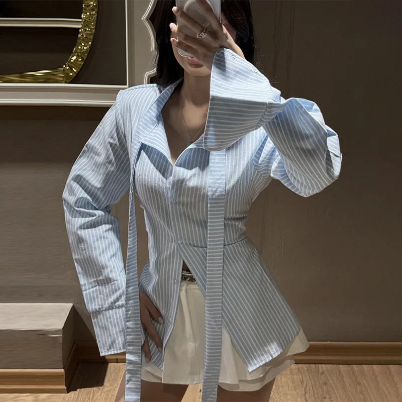 Women's Clothing 2026 Spring New Fashion Design Sense Striped Slim-fitting Lapel Long-sleeved Shirt