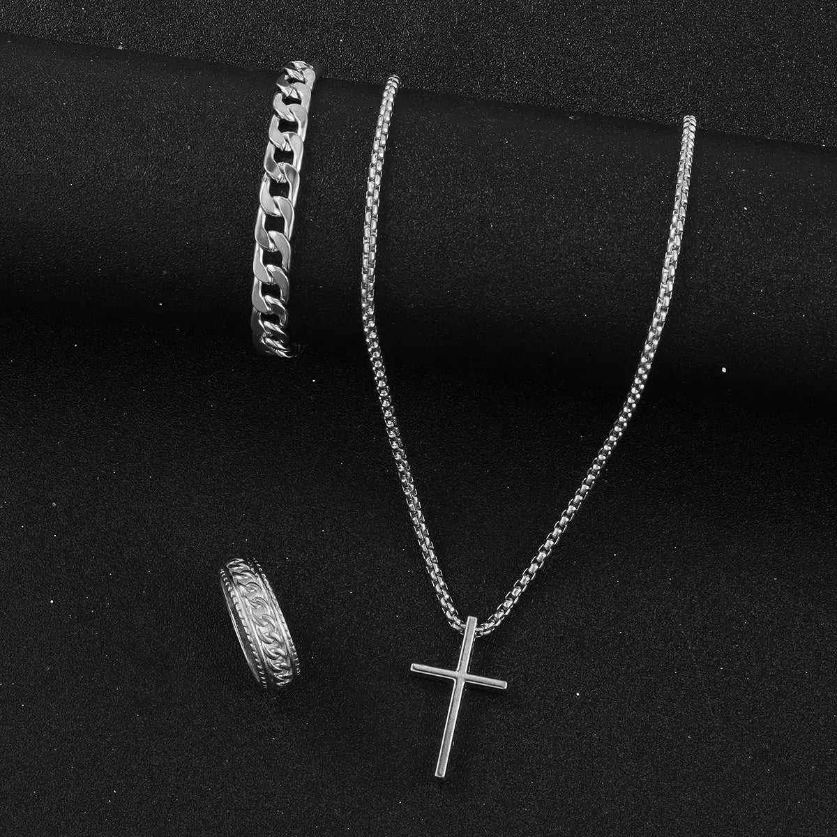 Hip Hop Fashion Cross Pendant Necklace Bracelet Chain Ring Men's Set Simple Personality Party Three Piece Jewelry Accessories