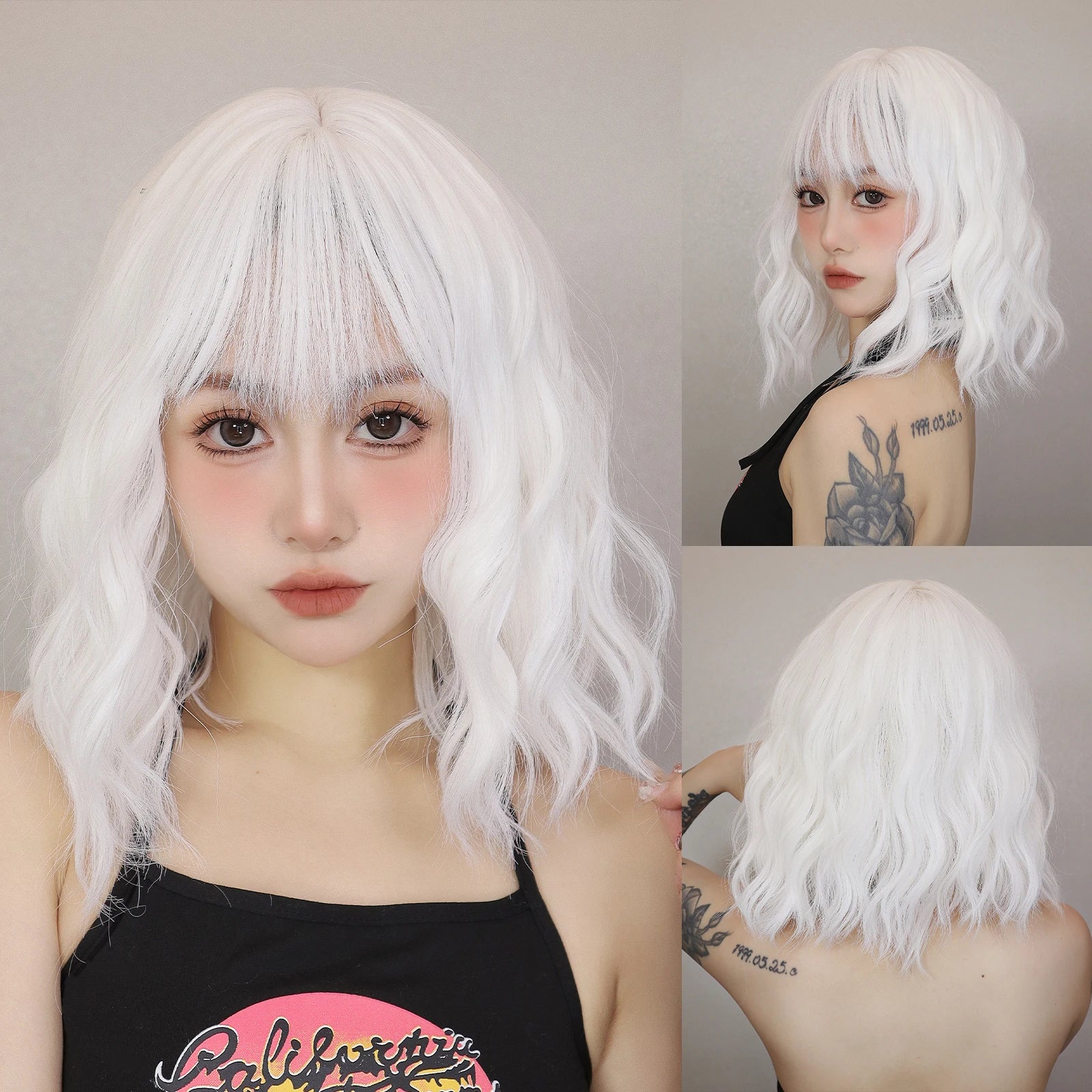 Sky Blue Short Bob Wigs for Women Synthetic Wavy Curly Wigs with Bangs Cosplay Halloween Blue Wig Natural Heat Resistant Hair
