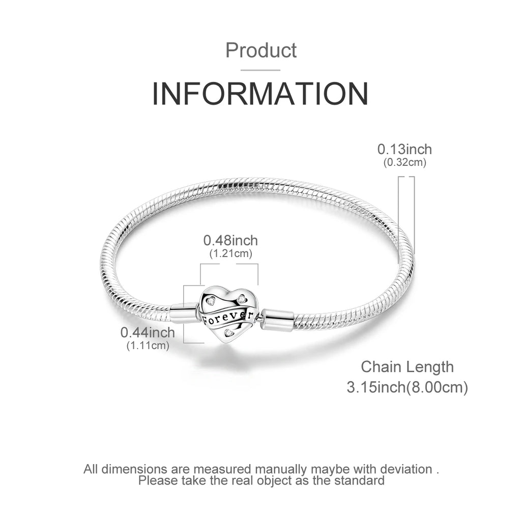 Original 925 Sterling Silver Charm Bracelets Heart Clip Bead Snake Chain Bracelet Fit Charms Beads Diy For Woman Fine Jewelry