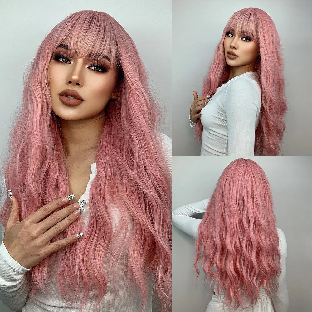 ALAN EATON Long Wavy Synthetic Wigs Ombre Black Pink Wigs for Women Cosplay Natural Middle Part Hair Wig High Temperature Fiber