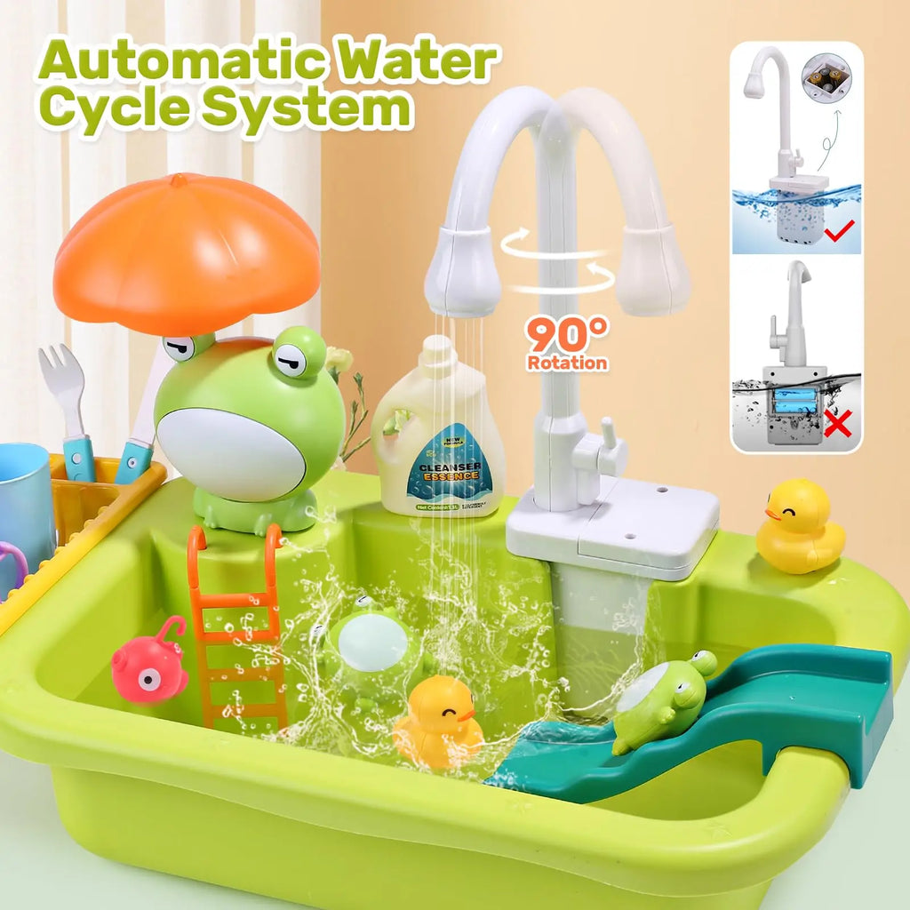 Kids Electric Kitchen Sink Toy – Pretend Play Dishwasher with Running Water & Fishing Game for Girls