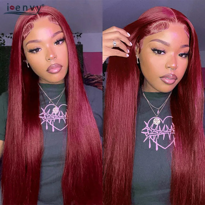 Ginger Blonde Lace Front Wigs Wear & Go 28inch Peruvian 13*1 Part Lace Front Human Hair Wig Remy 180% Colored Lace Wig Burgundy
