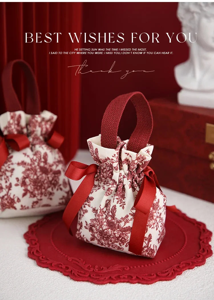 5/10pcs Portable Drawstring Handheld Canvas Candy Bags with Floral Pattern & Ribbon Bow Soft Reusable Wedding Gift Packing Bags