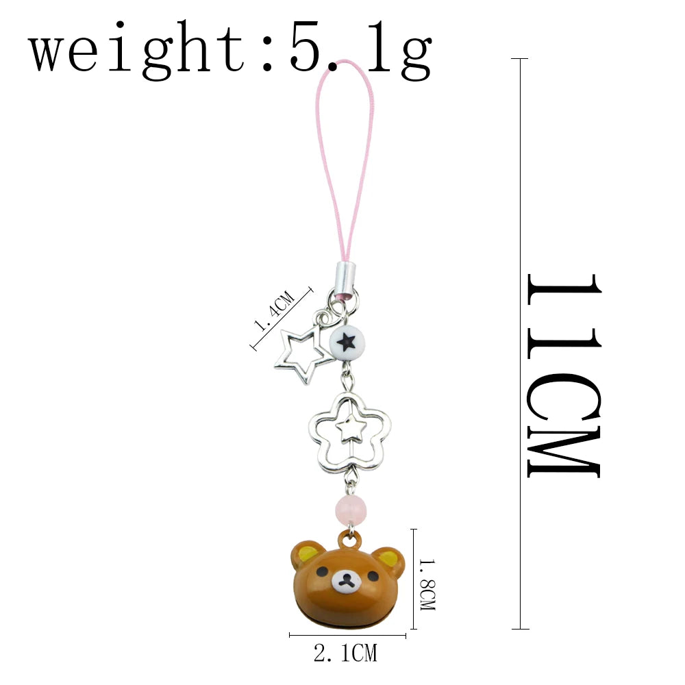 Lazy Brown Bear Bell Hanging Keychain Phone Strap Lanyard Chain Kawaii Cute Star Beaded Pendant Y2K Cardbook Ornament Ins Korea