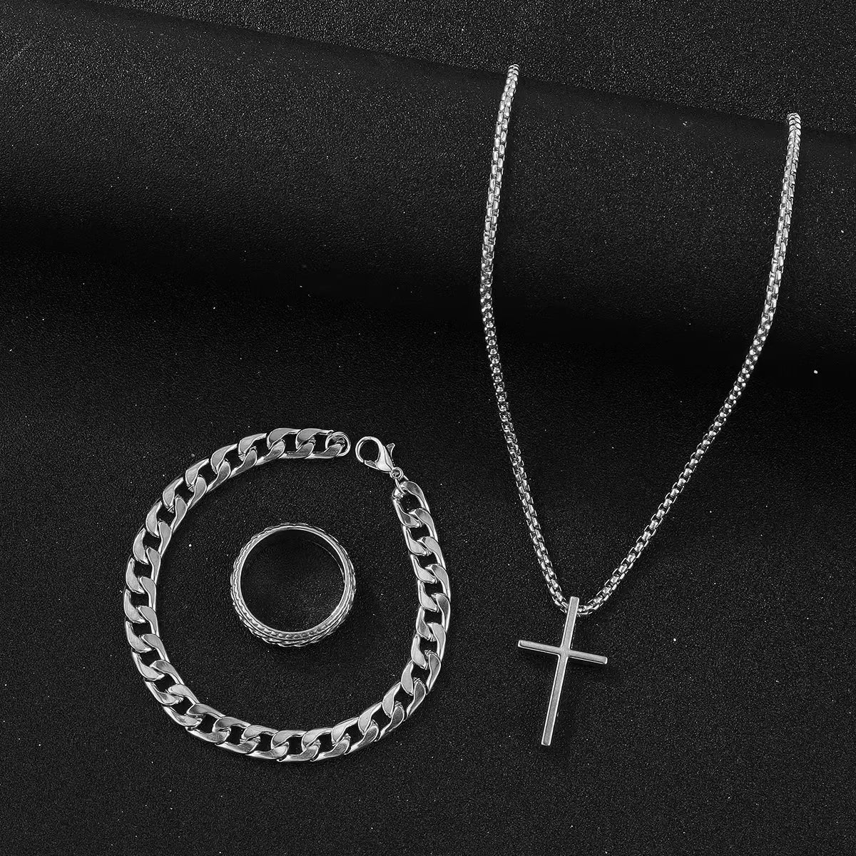 Hip Hop Fashion Cross Pendant Necklace Bracelet Chain Ring Men's Set Simple Personality Party Three Piece Jewelry Accessories