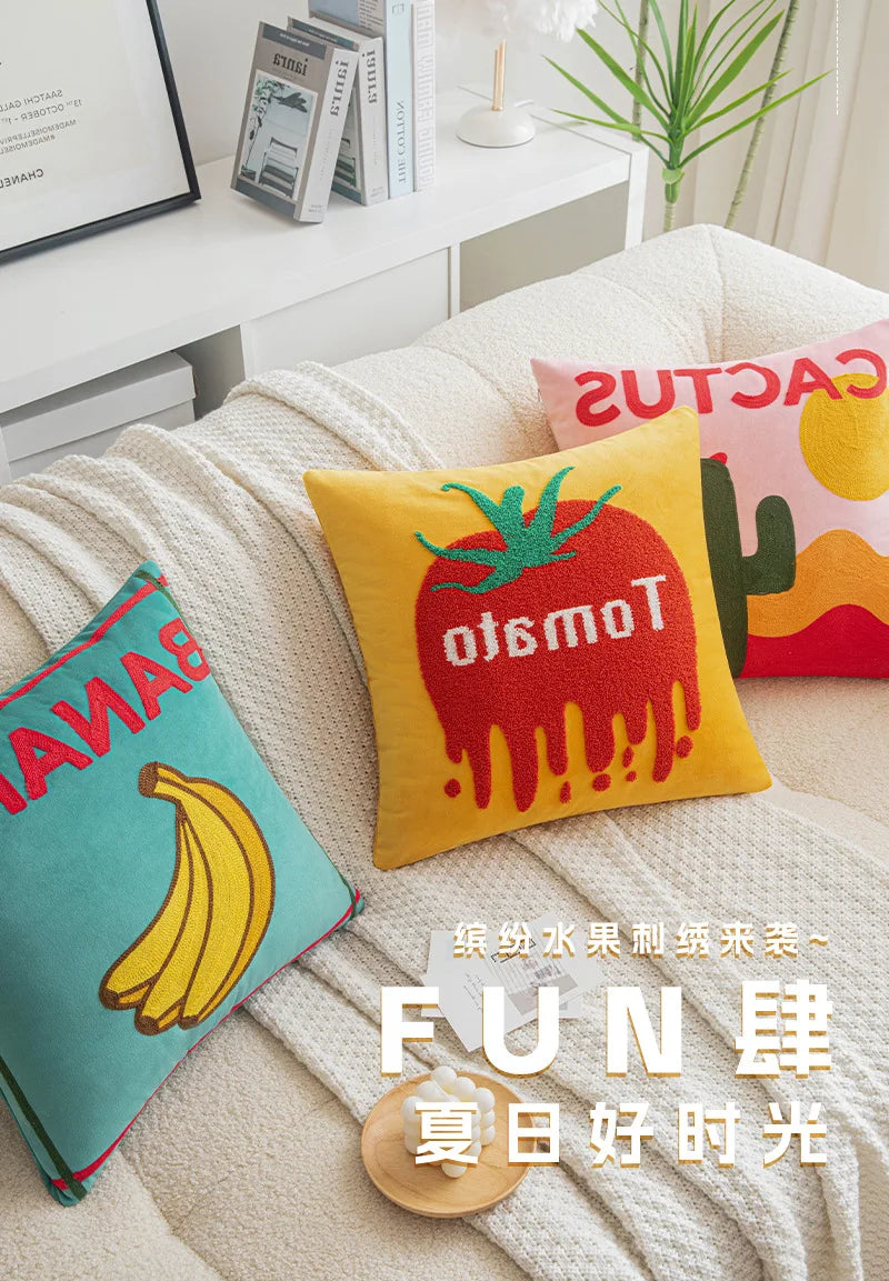 Ins Letter Fruit Embroidered Cushion Cover | 45×45cm Nordic Velvet Pillowcase | Handmade Home Decor