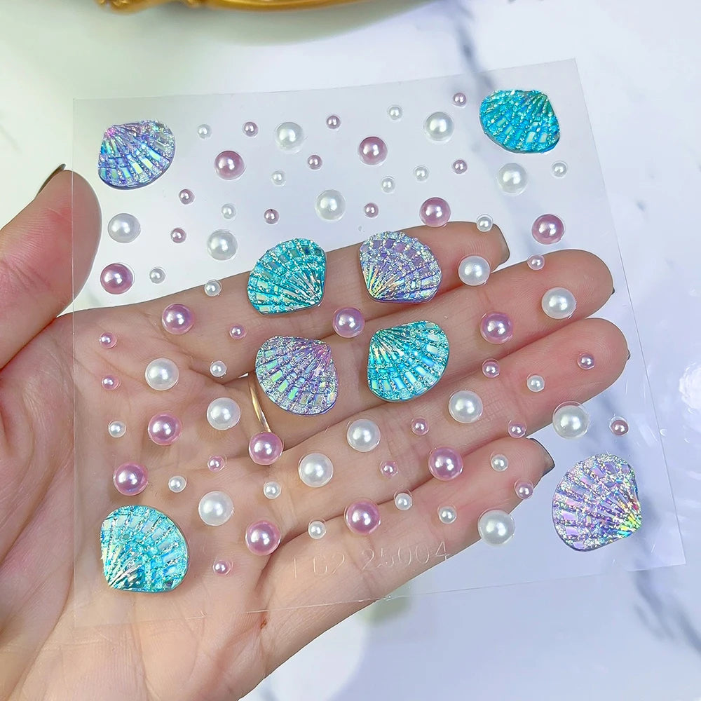 1Sheet 3D Dreamy Shell Pearl Gems Face Stickers Sparkling Mermaid Diamond Temporary Tattoos DIY Body Art Stage Makeup Rhinestone