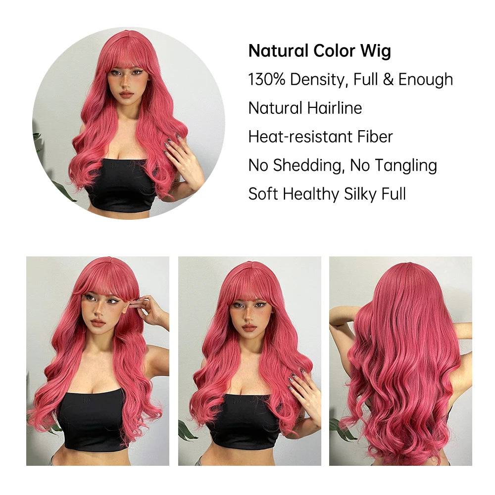 LOUIS FERRE Long Wavy Pink Synthetic Wigs with Bangs for Women Hot Pink Curly Heat Resistant Hair Wig for Cosplay Halloween Use