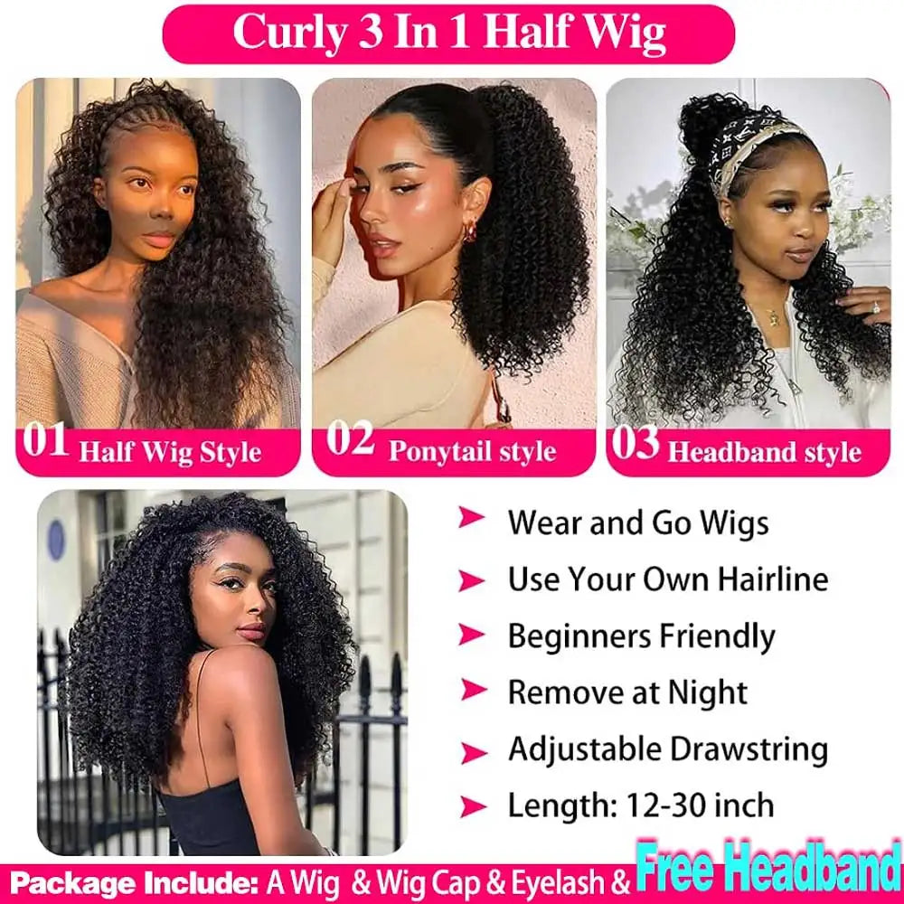 Kinky Curly 3-in-1 Half Wig | 100% Brazilian Remy Human Hair | Glueless Flip Over | 16"–36"
