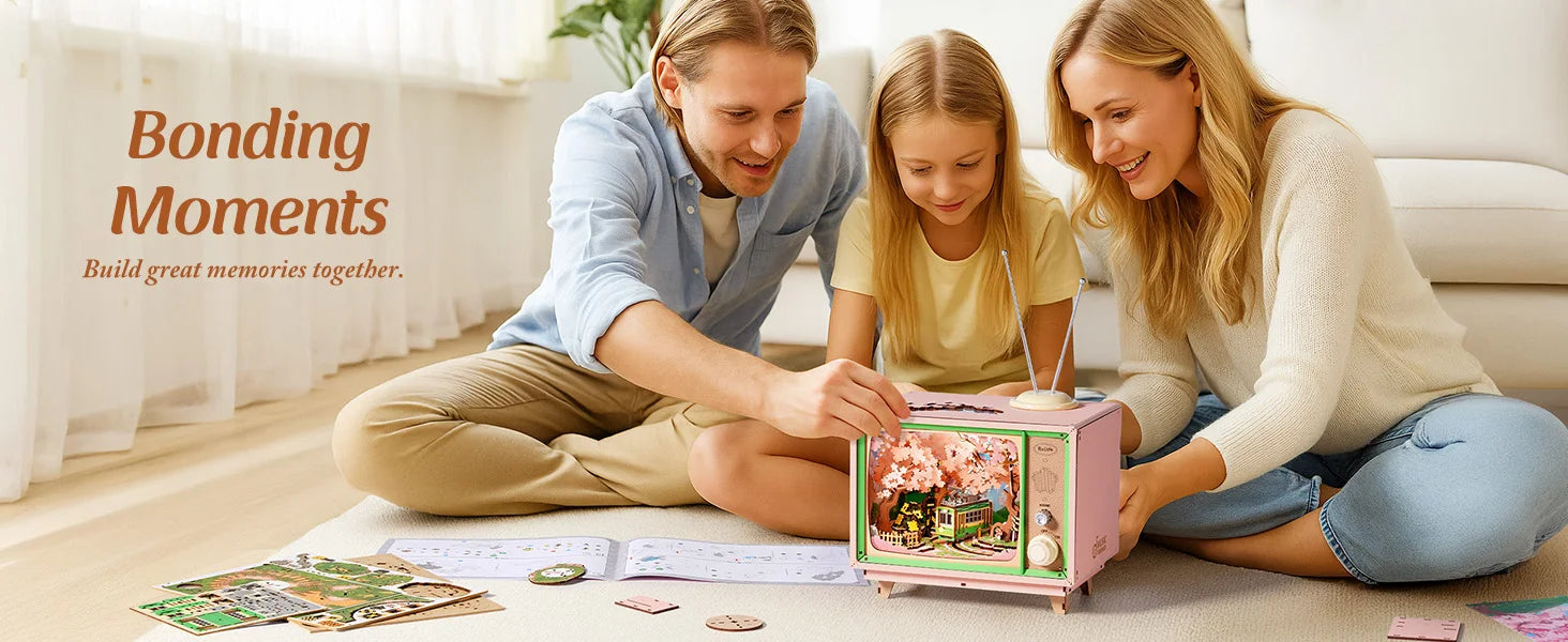 Robotime Rolife Sakura Dreamy Tour 3D Wooden Puzzle Music Box | LED Light & Moving Tram | Therapeutic DIY Gift for Teens & Adults