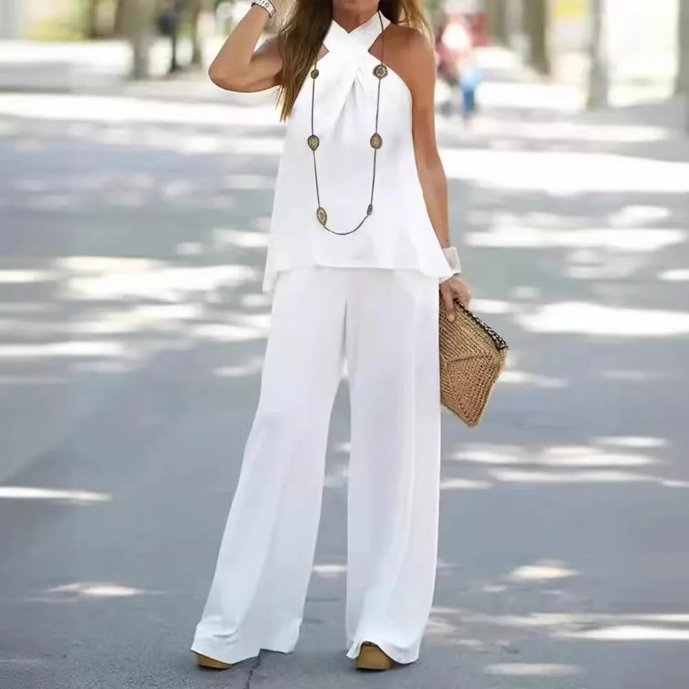 Women's Clothing 2025 New Fashion Casual Halter Neck Solid Color Sleeveless Suit Wide Leg Pants Trousers Two-piece Suit