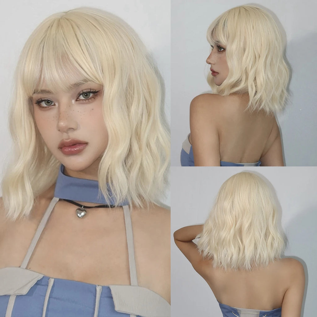 Sky Blue Short Bob Wigs for Women Synthetic Wavy Curly Wigs with Bangs Cosplay Halloween Blue Wig Natural Heat Resistant Hair