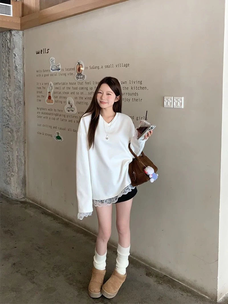 Chic Lace Patchwork Long Sleeve T Shirt Women Loose Warm White O Neck Tops Korean Fashion Office Ladies Casual V Neck Tees New