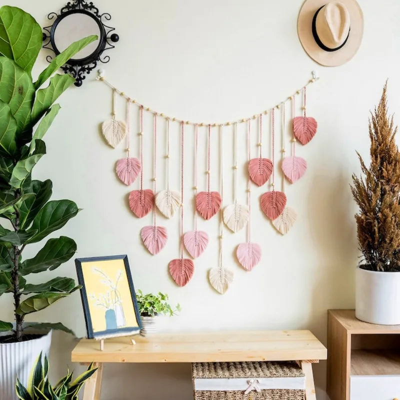 Boho Macrame Leaf & Feather Wall Hanging | Handmade Tapestry Wall Art | Living Room Bedroom Boho Home Decor