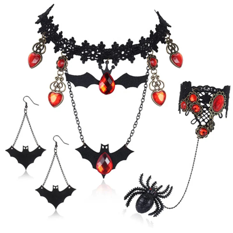 Goth Halloween Jewelry Set – Bat & Spider Charm Earrings, Necklace & Bracelet Choker