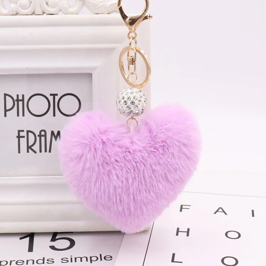 Soft Rabbit Fur Love Zircon Ball Charm Key Chain Jewelry for Women Colorful Love Key Ring Accessories Bags Keychains for Girls