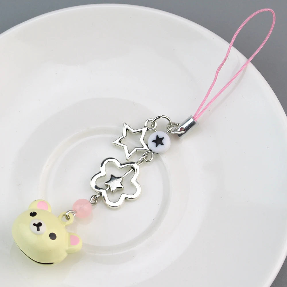 Lazy Brown Bear Bell Hanging Keychain Phone Strap Lanyard Chain Kawaii Cute Star Beaded Pendant Y2K Cardbook Ornament Ins Korea
