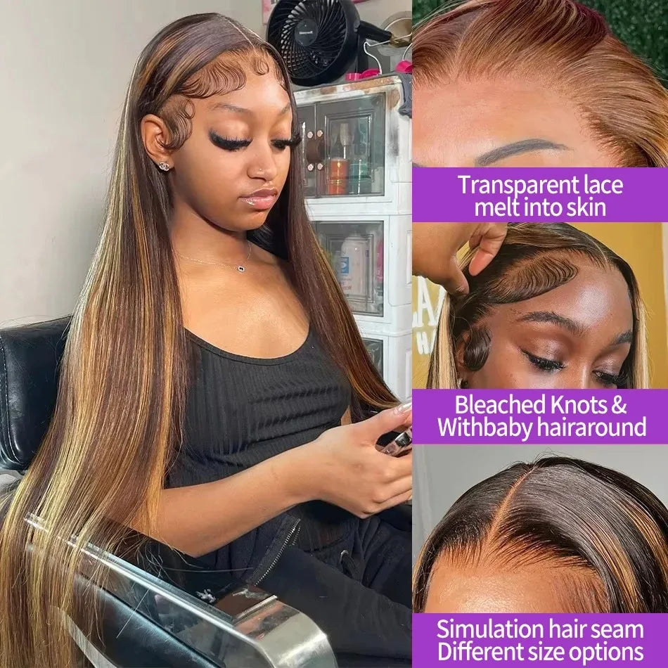Highlight Colored Straight Lace Front Human Hair Wigs Honey Blonde 13X4 13x6 HD Transparent Lace Frontal Wigs For Black Women