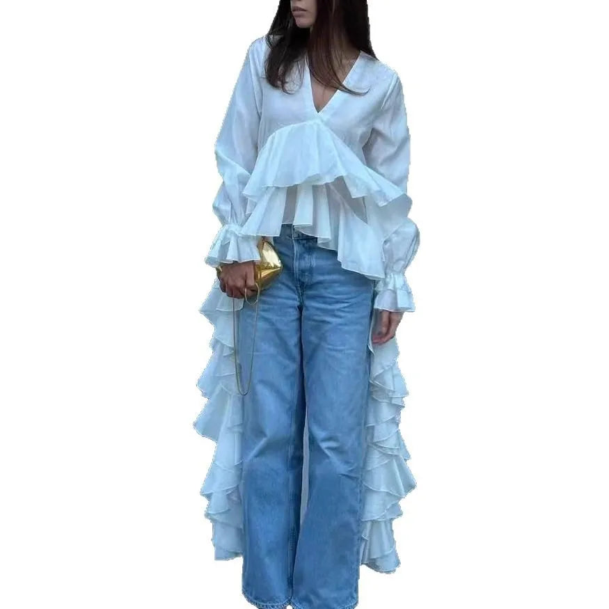 Women's Clothing 2025 Spring And Summer New Sweet And Fresh V-neck Long Sleeved Irregular Hem Shirt Women's Top