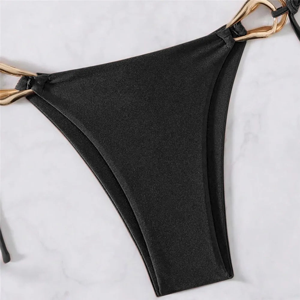 Brown Shiny Halter String Micro Bikini Thong Sexy Swimsuit Women Metal Ring Swimwear 2026 Mini Biquini Bathing Suit Bikinis Sets