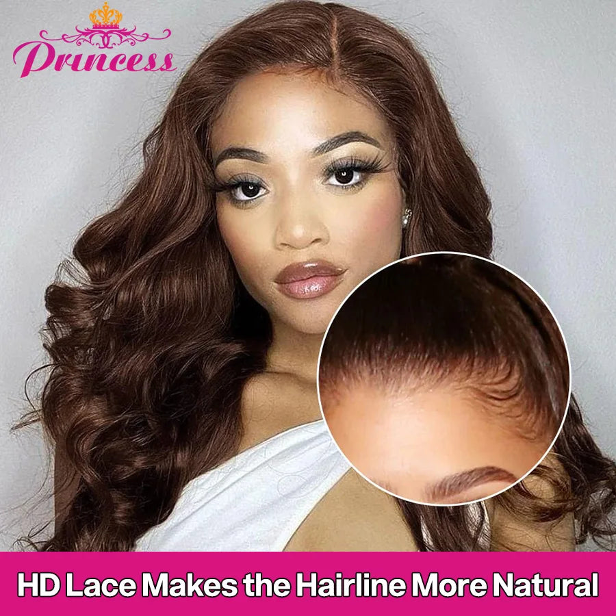 Princess Cholocate Brown Colored Human Hair Wigs 13x4/13x6 Brazilian Body Wave Lace Front Wig Pre Plucked HD Lace Frontal Wig