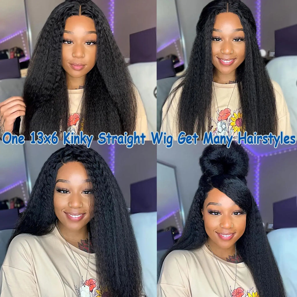 Glueless Kinky Straight Short Human Hair Wig 4x4 13x4 Frontal HD Transparent Lace Peruvain Remy Soft Yaki Wig Ready To Wear