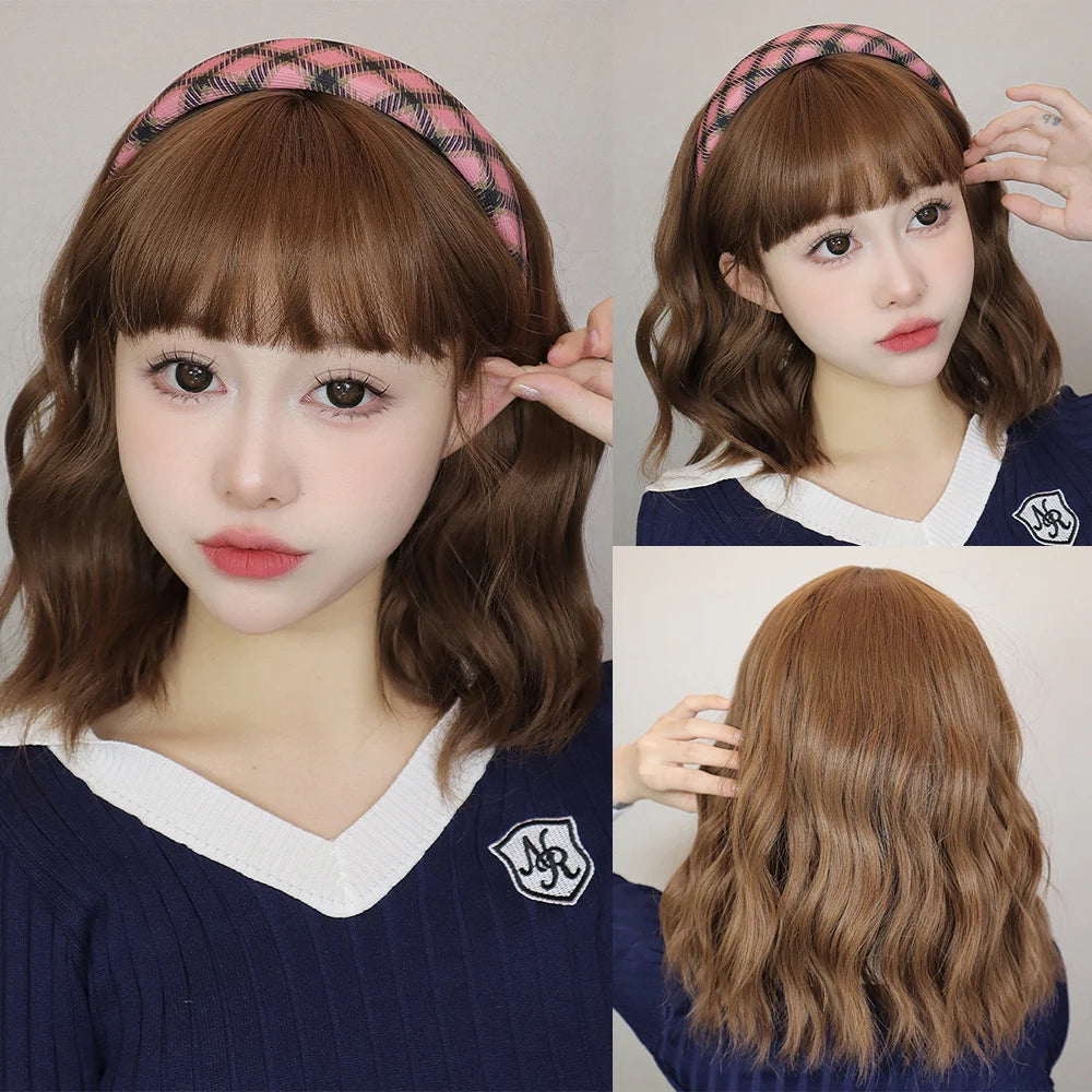 Sky Blue Short Bob Wigs for Women Synthetic Wavy Curly Wigs with Bangs Cosplay Halloween Blue Wig Natural Heat Resistant Hair