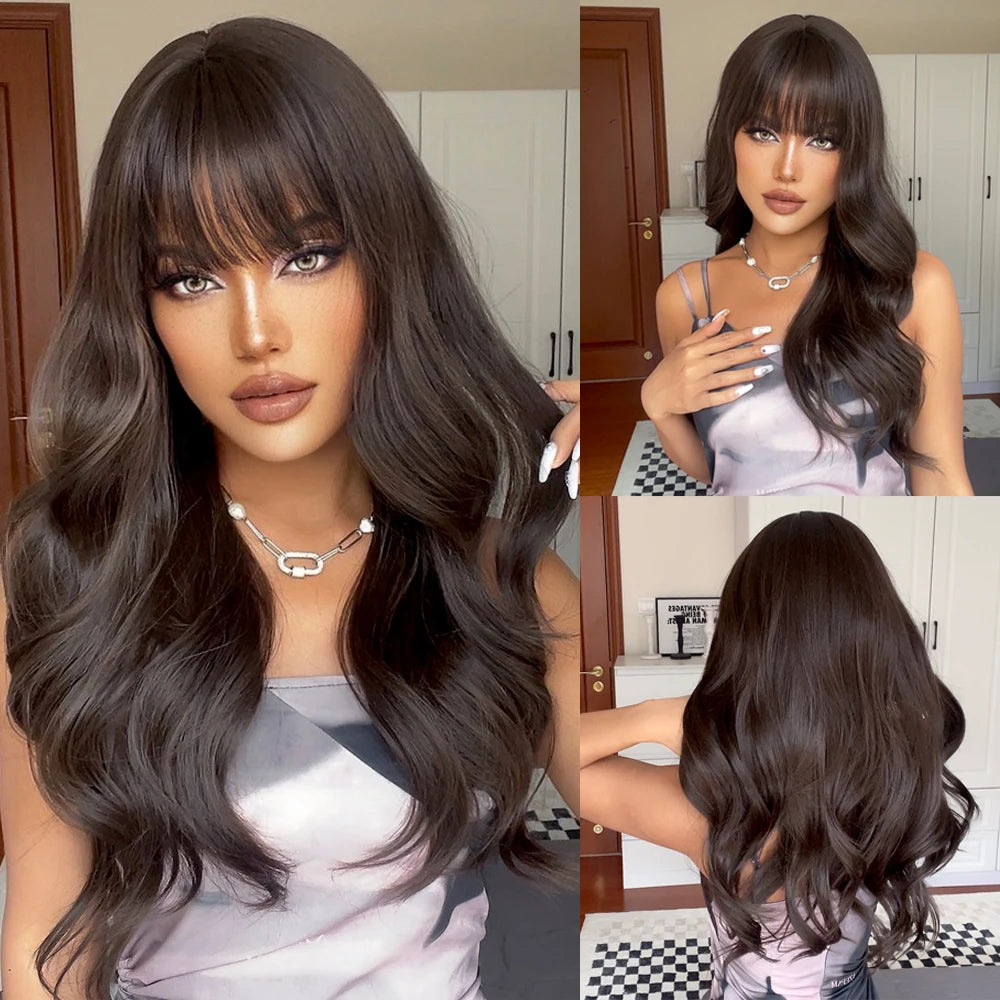 ALAN EATON Long Wavy Synthetic Wigs Ombre Black Pink Wigs for Women Cosplay Natural Middle Part Hair Wig High Temperature Fiber