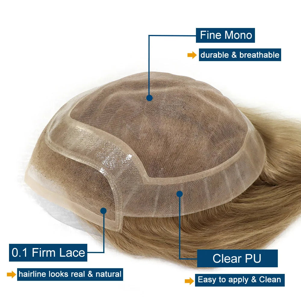 Human Hair Prosthesis for Men Toupee Breathable Lace Front with PU Mens Wig Replacement System Blonde Hairpiece 8x10inch