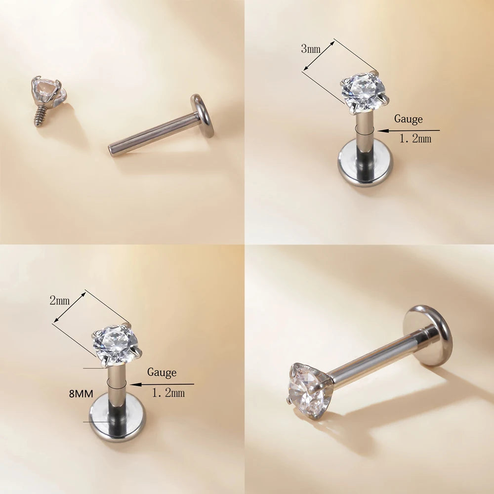 10Pc/50Pc G23 Ttianium Labret Ear Lip Stud Jewelry Square CZ Stone Cartilage Tragus Earring Tongue studs Threaded Body Jewelry
