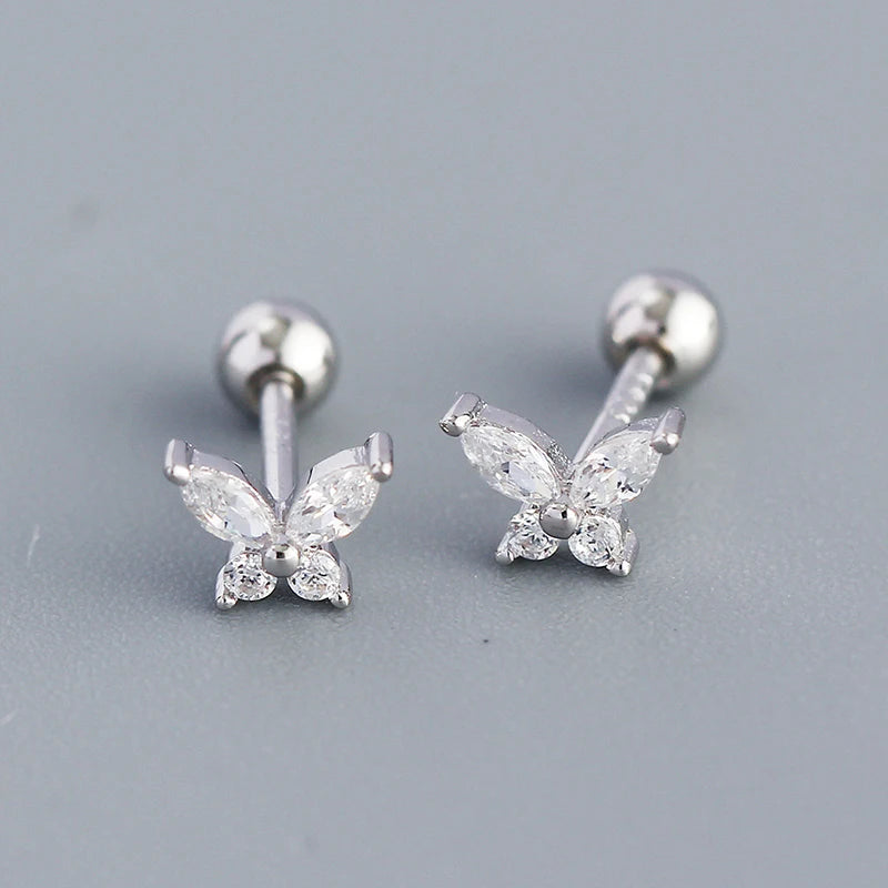 PONYKISS Silver Color Zircon Butterfly Bead Stud Earrings for Women Cute Fashion Jewelry Insect Accessories