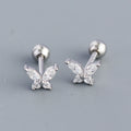 PONYKISS Silver Color Zircon Butterfly Bead Stud Earrings for Women Cute Fashion Jewelry Insect Accessories
