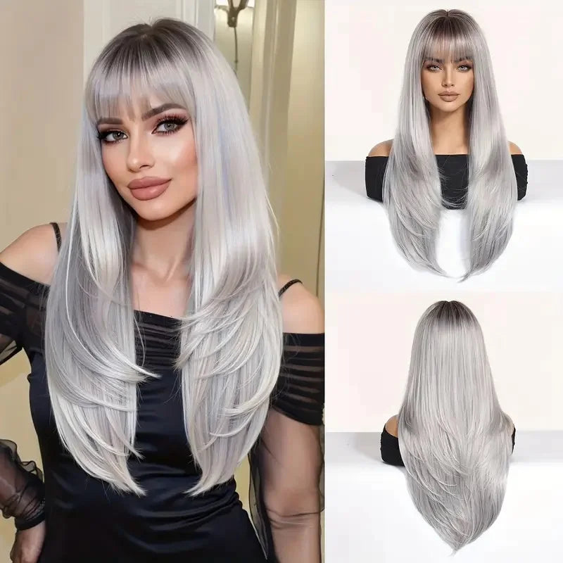 EASIHAIR Long Straight Gray White Synthetic Layered Wig with Bangs for Women Girls Natural Hair Cosplay Party Wig Heat Resistant