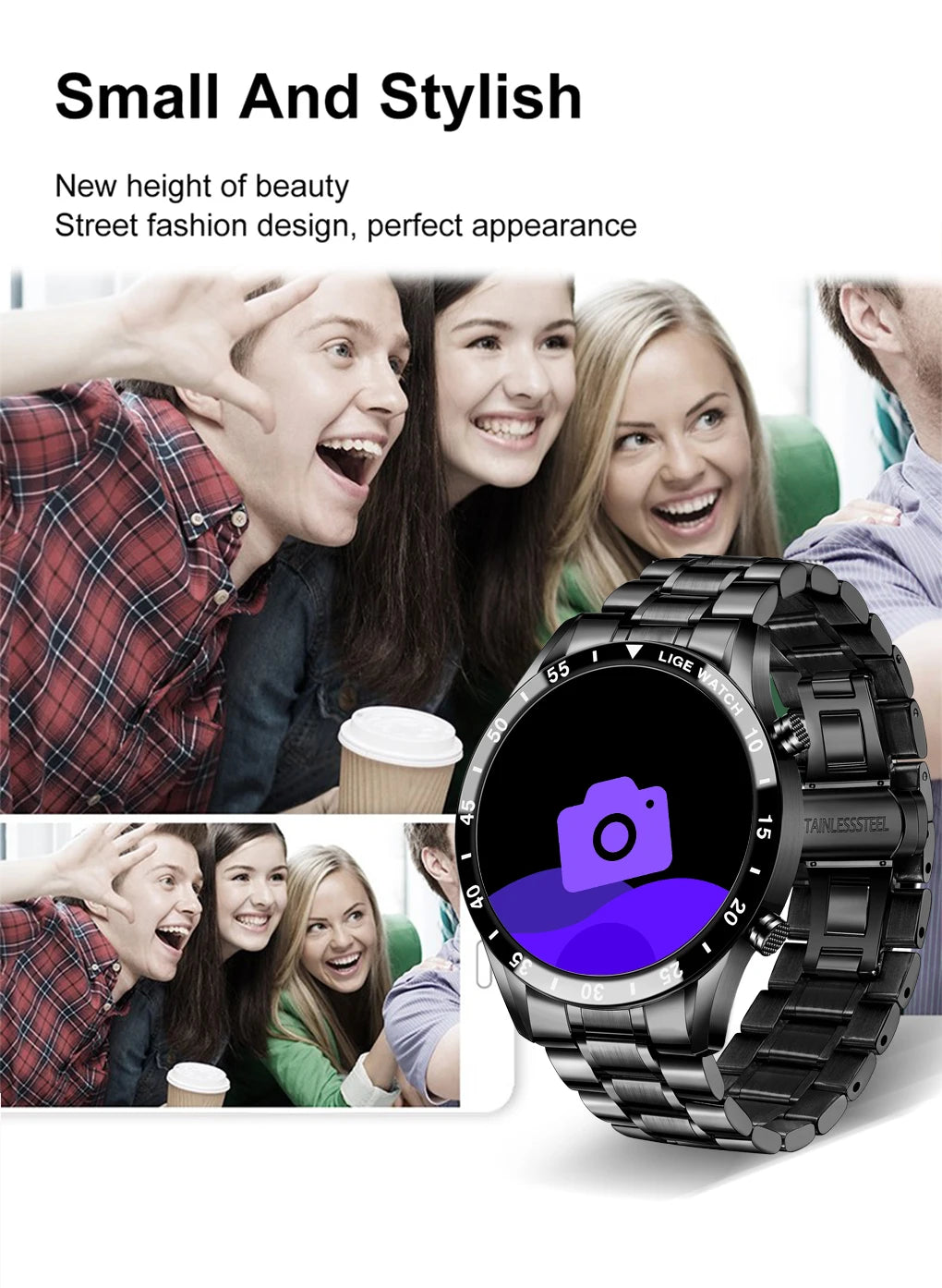LIGE Men's Bluetooth Smartwatch – Full Touch Steel Sports Watch, IP67 Waterproof