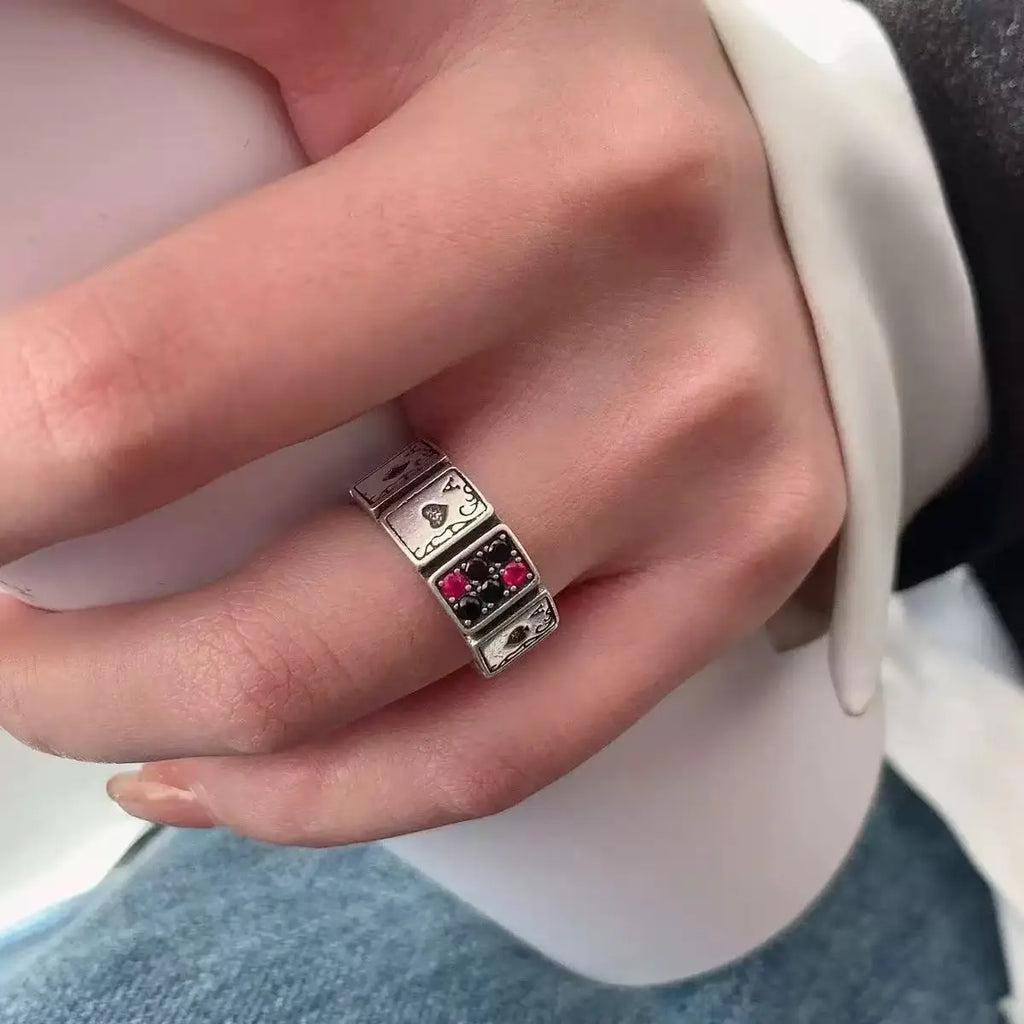 1PCS Aimple And Fashionable Retro Adjustable Poker Card Men's And Women's Antique Silver Ring, Suitable For Daily Party Wear