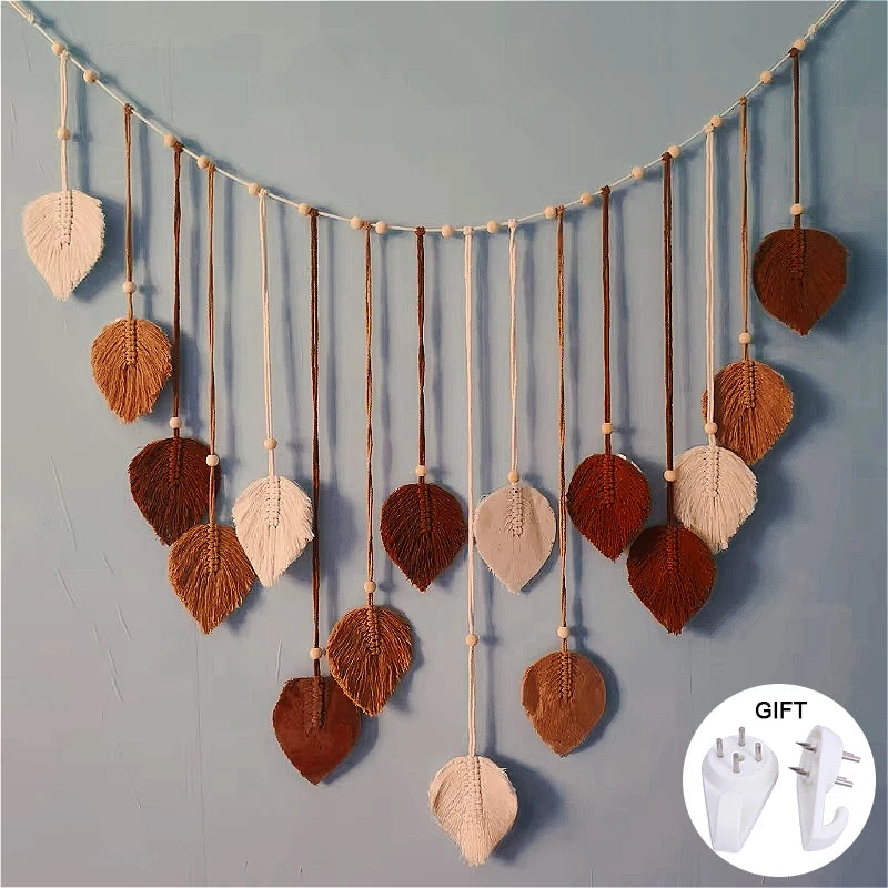 Boho Macrame Leaf & Feather Wall Hanging | Handmade Tapestry Wall Art | Living Room Bedroom Boho Home Decor