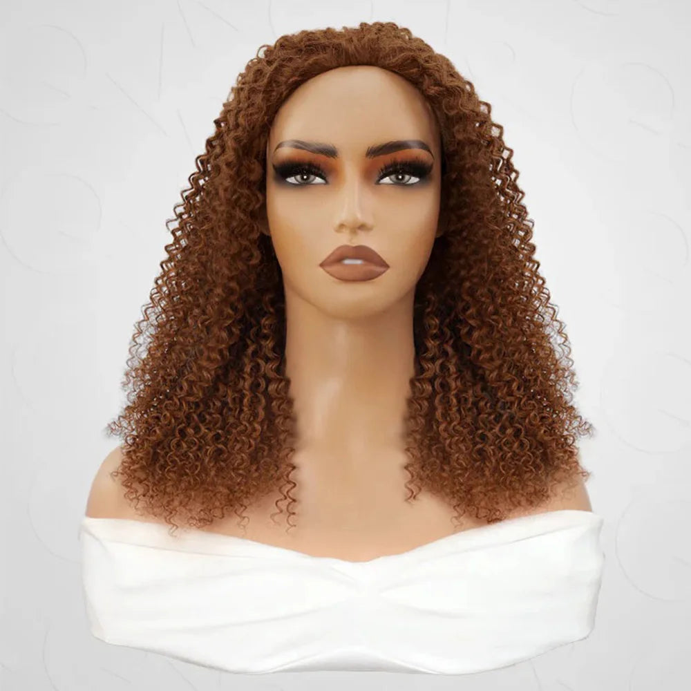 Auburn Brown Color 3 IN 1 Kinky Curly Half Wig Human Hair Clip-in Upgrade Glueless Wig Machine Made Invisible Hairline