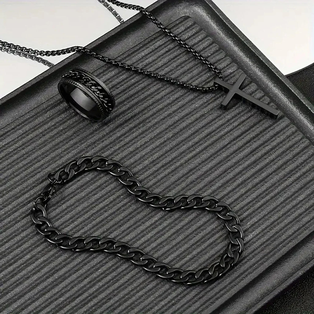 Hip Hop Fashion Cross Pendant Necklace Bracelet Chain Ring Men's Set Simple Personality Party Three Piece Jewelry Accessories
