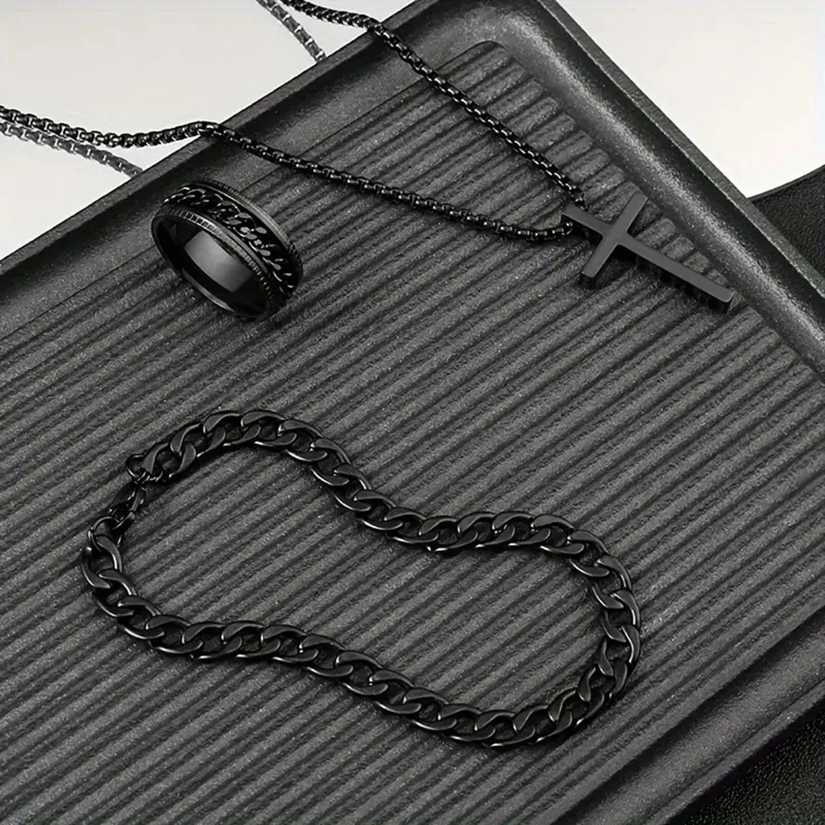 Hip Hop Fashion Cross Pendant Necklace Bracelet Chain Ring Men's Set Simple Personality Party Three Piece Jewelry Accessories