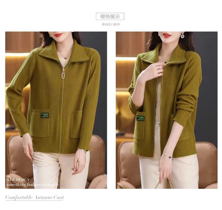 Knitted Cardigan Jacket Women Sweater New Autumn Winter Lapel Zipper Sweater Jacket Loose Solid Outerwear Female Sweatshirt Tops