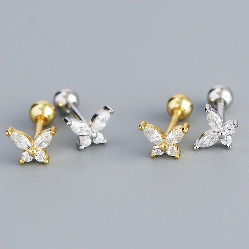 PONYKISS Silver Color Zircon Butterfly Bead Stud Earrings for Women Cute Fashion Jewelry Insect Accessories
